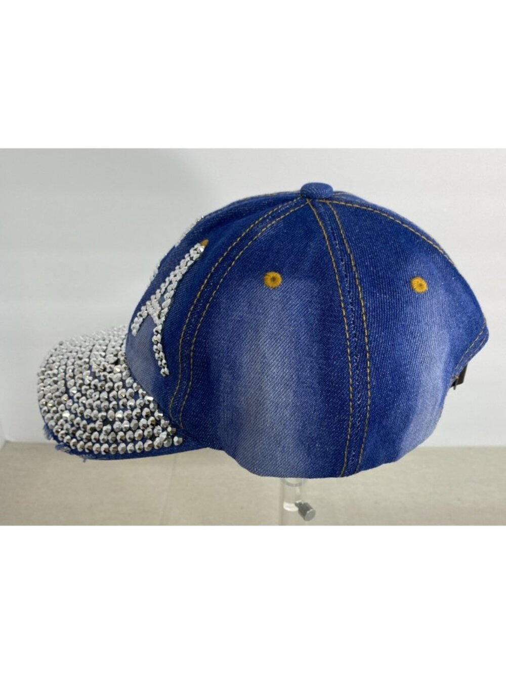 Popfizzy Women’s USA Blue Denim Cap Hat Lots Of Rhinestones Adjustable - Picture 3 of 6